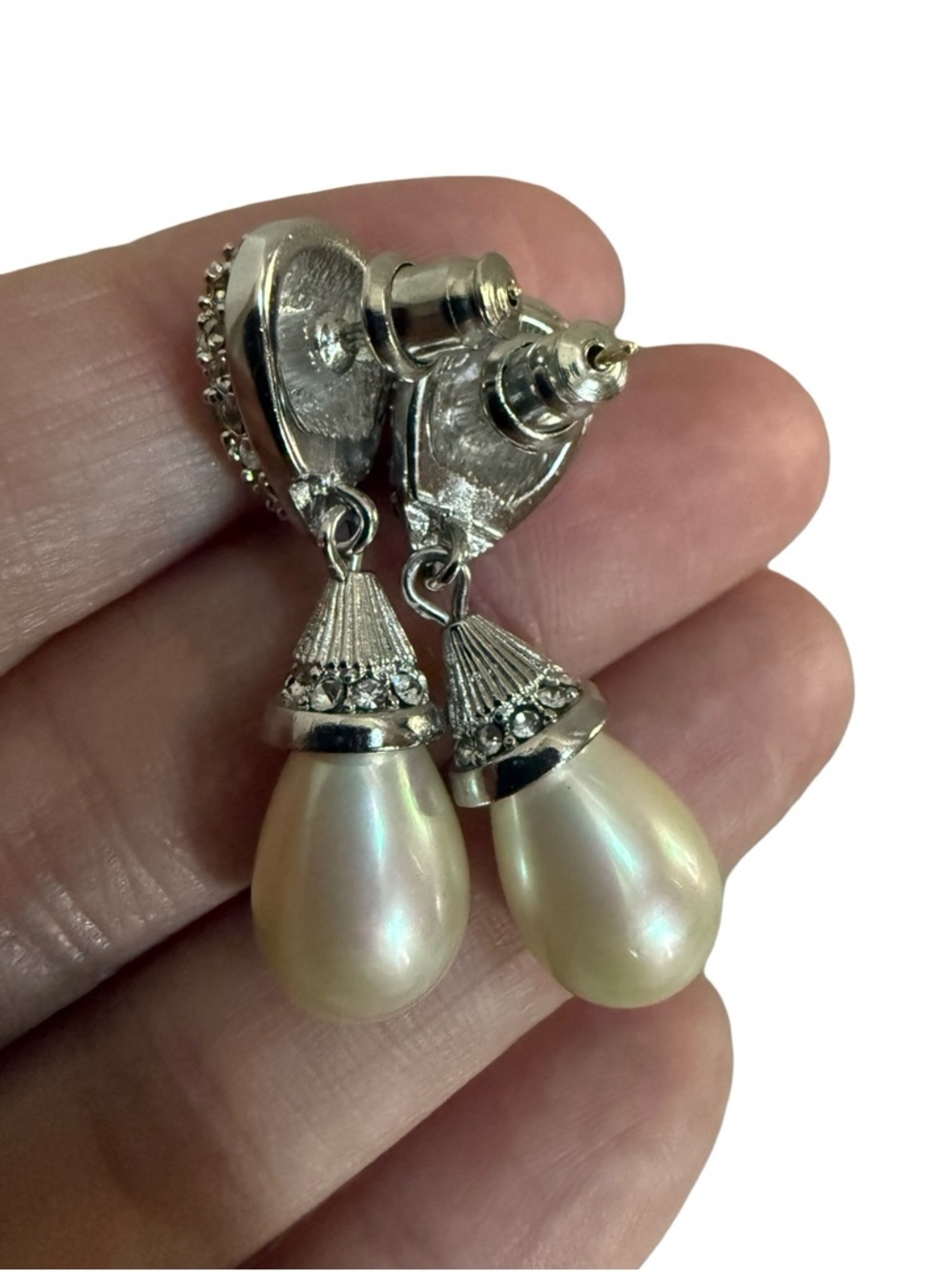 Authentic Christian Dior Silver Crystal and Cream Pearl Drop Post Earrings! COA! - Picture 4 of 8